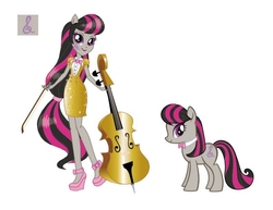 Size: 700x541 | Tagged: safe, artist:naokomullally, octavia melody, equestria girls, g4, my little pony equestria girls: rainbow rocks, bow (instrument), cello, cello bow, clothes, concept art, cutie mark, dress, female, multicolored hair, musical instrument, simple background, solo, white background