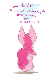 Size: 1100x1500 | Tagged: safe, artist:heir-of-rick, pinkie pie, earth pony, pony, la da dee, g4, butt, cody simpson, cute, ear fluff, female, impossibly large ears, la da dee (song), mare, music notes, plot, raised leg, simple background, singing, solo, song reference, underhoof, white background