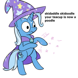 Size: 1280x1280 | Tagged: safe, artist:phat_guy, derpibooru exclusive, trixie, pony, unicorn, g4, bipedal, cape, casting, clothes, dialogue, english, faic, female, glowing horn, hat, horn, magic, mare, meme, raised arm, raised leg, rhyme, simple background, skidaddle skidoodle, solo, spell, teacup, that pony sure does love teacups, trixie's cape, trixie's hat, white background, wide eyes