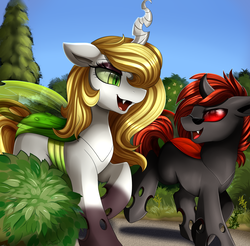 Size: 2550x2509 | Tagged: safe, artist:pridark, oc, oc only, oc:aurora industry (ic), oc:zephyr (ic), changeling, bush, changeling oc, commission, green eyes, high res, park, path, red changeling, red eyes, scenery, walking