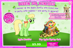 Size: 1084x720 | Tagged: safe, gameloft, idw, apple munchies, bramble, deer, earth pony, pony, g4, advertisement, apple, apple family member, background pony, costs real money, female, food, idw showified, introduction card, mare, solo, zap apple