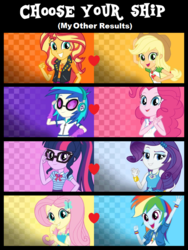 Size: 692x922 | Tagged: safe, artist:3d4d, applejack, dj pon-3, fluttershy, pinkie pie, rainbow dash, rarity, sci-twi, sunset shimmer, twilight sparkle, vinyl scratch, equestria girls, g4, my little pony equestria girls: better together, chart, choose your ship, clothes, cyoa, female, geode of empathy, geode of fauna, geode of sugar bombs, geode of super speed, geode of super strength, geode of telekinesis, lesbian, magical geodes, ship:appleshimmer, ship:flutterdash, ship:rarilight, ship:sci-rarilight, shipping, vinylpie