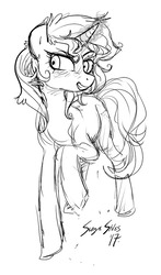 Size: 600x1020 | Tagged: safe, artist:serge-stiles, sunset shimmer, pony, unicorn, g4, female, glowing horn, grayscale, horn, mare, monochrome, raised hoof, sketch, smiling