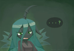 Size: 1000x695 | Tagged: safe, artist:howxu, queen chrysalis, changeling, changeling queen, anthro, g4, ..., clothes, cropped, curved horn, female, horn, question mark, reaction image, solo