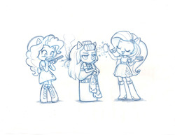 Size: 3300x2550 | Tagged: safe, artist:naokomullally, applejack, pinkie pie, rarity, equestria girls, g4, burning, clothes, concept art, curling iron, doll, equestria girls minis, eyes closed, female, frown, glare, gritted teeth, grumpy, high res, lidded eyes, makeup, open mouth, ponied up, pony ears, scared, simple background, sitting, sketch, skirt, smiling, smoke, sparkles, toy, trio, unamused, white background, wide eyes