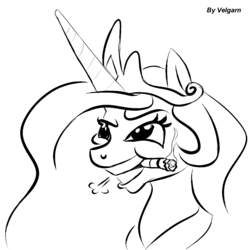 Size: 944x953 | Tagged: safe, artist:velgarn, princess celestia, g4, black and white, cigar, cocky, drawthread, female, grayscale, grin, monochrome, request, requested art, smiling, smoking, solo