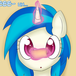 Size: 1280x1280 | Tagged: safe, artist:erthilo, dj pon-3, vinyl scratch, pony, unicorn, ask octavia, g4, :o, ask, bust, colored pupils, cross-eyed, cute, eeee, female, looking at something, magic, magic aura, mare, open mouth, paper, portrait, reading, reflection, simple background, solo, text, tumblr, vinylbetes, yellow background