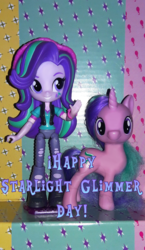 Size: 1268x2179 | Tagged: safe, starlight glimmer, equestria girls, g4, beanie, brushable, clothes, cutie mark background, doll, equestria girls minis, hat, irl, looking at you, photo, self ponidox, starlight glimmer day, toy