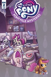 Size: 1054x1600 | Tagged: safe, artist:agnesgarbowska, idw, apple bloom, colter sobchak, jeff letrotski, kingpin, scootaloo, sweetie belle, g4, my little pony: ponyville mysteries, spoiler:comic, spoiler:comicponyvillemysteries2, bowling alley, bowling pin, clothes, cover, crying, cutie mark crusaders, deerstalker, detective, hat, magnifying glass, trenchcoat, trophy