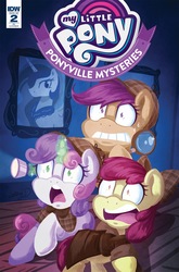 Size: 1054x1600 | Tagged: safe, artist:abigail starling, idw, apple bloom, princess celestia, scootaloo, sweetie belle, earth pony, pegasus, pony, unicorn, g4, ponyville mysteries #2, spoiler:comic, bust, cover, cutie mark crusaders, detective, faic, female, filly, flashlight (object), magnifying glass, portrait, scared, shrunken pupils