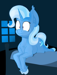 Size: 1537x2035 | Tagged: safe, artist:paskanaakka, derpibooru exclusive, trixie, g4, bed, chest fluff, colored hooves, ear fluff, female, night, nose wrinkle, prone, solo, stars, unshorn fetlocks