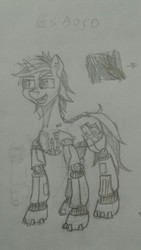 Size: 600x1067 | Tagged: safe, oc, oc only, oc:blackjack, cyborg, pony, unicorn, fallout equestria, fallout equestria: project horizons, augmented, black and white, cyber legs, fanfic, fanfic art, female, grayscale, hooves, horn, mare, monochrome, open mouth, simple background, solo, traditional art, white background
