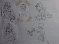 Size: 4160x3120 | Tagged: safe, artist:awesometheweirdo, sweetie belle, oc, oc:anon, g4, cute, kid anon, ponies eating meat, sketch, sketch dump, traditional art