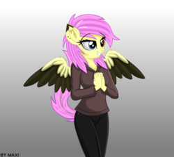 Size: 3317x3000 | Tagged: safe, artist:maxiclouds, oc, oc only, oc:mariasha, pegasus, anthro, clothes, colored wings, ear fluff, ear piercing, female, gradient background, high res, hoodie, jeans, pants, piercing, simple background, smiling, solo, two toned wings, wings