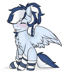 Size: 1091x1200 | Tagged: safe, artist:mariashek, oc, oc only, oc:maxi, pegasus, pony, blushing, chest fluff, clothes, cute, eyes closed, female, fluffy, ponytail, simple background, sitting, smiling, socks, solo, striped socks, tongue out, white background, wings