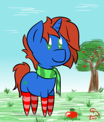 Size: 600x700 | Tagged: safe, artist:glimglam, oc, oc only, oc:cyberpon3, pony, unicorn, pony town, apple, apple tree, chibi, clothes, commission, cute, food, male, scarf, socks, solo, stallion, standing, striped socks, tree
