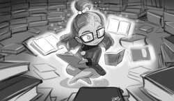 Size: 1920x1117 | Tagged: safe, artist:shonuff44, moondancer, human, g4, book, clothes, cute, glasses, horn, horned humanization, humanized, magic, monochrome, sweater