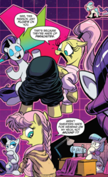 Size: 583x957 | Tagged: safe, artist:andypriceart, idw, official comic, coco pommel, fluttershy, rarity, earth pony, pony, unicorn, g4, spoiler:comic, spoiler:comic64, braid, clothes, comic, flutterbutt, montage, parachute pants, ponytail, sweater, sweatershy