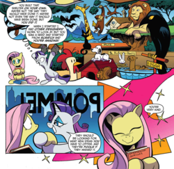 Size: 979x950 | Tagged: safe, artist:andy price, idw, official comic, angel bunny, edgar (g4), fluttershy, mr. mcbitey-pants, rarity, ape, bat, beagle, big cat, bird, chicken, dog, giraffe, lion, monkey, otter, pegasus, pony, raven (bird), shark, squirrel, unicorn, g4, spoiler:comic, spoiler:comic64, comic, doghouse, edgar allan poe, jaws, peanuts (comic), shout out, snoopy, sweet feather sanctuary, the raven