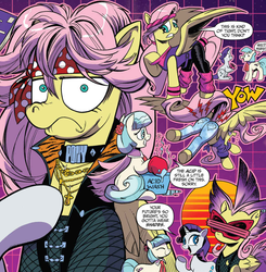 Size: 926x943 | Tagged: safe, artist:andypriceart, official comic, coco pommel, fluttershy, rarity, earth pony, pegasus, pony, unicorn, idw, spoiler:comic, spoiler:comic64, 80s, acid, aerosmith, bandana, butt, canonical great butt, choker, clothes, comic, dialogue, everything old, fluttershy is not amused, jeans, jewelry, leg warmers, leotard, literal butthurt, mohawk, necklace, pain, pants, plot, rock (music), rocker, slice of life, song reference, speech bubble, spread wings, steven tyler, sunglasses, synthwave, unamused, wings