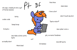 Size: 737x487 | Tagged: safe, artist:nootaz, oc, oc only, oc:cyberpon3, pony, unicorn, pony town, computer, ideal gf, laptop computer, male, meme, simple background, sitting, solo, stallion, white background