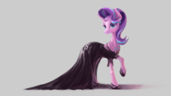 Size: 1921x1080 | Tagged: safe, artist:plainoasis, starlight glimmer, pony, unicorn, g4, beautiful, clothes, dress, ear piercing, earring, eyebrows, female, flower, gown, gray background, grin, jewelry, looking at you, mare, necklace, piercing, raised hoof, shadow, simple background, smiling, smiling at you, solo, starlight glimmer day