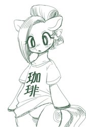 Size: 818x1200 | Tagged: safe, artist:bbtasu, oc, oc only, oc:nel drip, semi-anthro, blushing, clothes, female, japanese, mare, monochrome, shirt, simple background, solo, standing