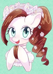 Size: 871x1200 | Tagged: safe, artist:bbtasu, oc, oc only, oc:nel drip, colored hooves, cute, female, flower, flower in hair, hooves together, looking at you, mare, simple background, smiling, solo