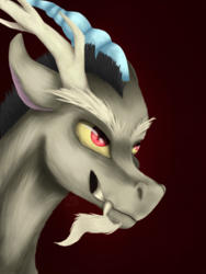 Size: 600x800 | Tagged: safe, artist:lilrandum, discord, draconequus, g4, bust, detailed, detailed eyes, fangs, grin, horns, lineless, male, portrait, red eyes, shading, smiling, solo, teeth