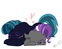 Size: 1000x800 | Tagged: safe, artist:key, oc, oc only, oc:midnight chastise, oc:splash, bat pony, blushing, eye scar, scar, simple background, sleeping, transparent background, ych result