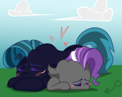 Size: 1000x800 | Tagged: safe, artist:key, oc, oc only, oc:midnight chastise, oc:splash, bat pony, blushing, cloud, eye scar, grass field, scar, sleeping, ych result