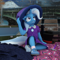 Size: 1750x1750 | Tagged: safe, artist:tahublade7, trixie, anthro, plantigrade anthro, g4, 3d, clothes, cute, daz studio, diatrixes, dress, female, filly, filly trixie, hat, panties, pony underwear, purple underwear, shoes, skirt, skirt lift, socks, solo, top hat, trixie's hat, underwear, upskirt, wand, younger