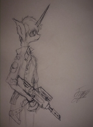 Size: 1592x2164 | Tagged: safe, artist:drawingwithapitoffriendship, princess celestia, anthro, g4, alternate universe, assault rifle, crossover, female, ghost in the shell, gun, rifle, solo, traditional art, weapon