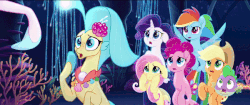 Size: 600x253 | Tagged: safe, screencap, applejack, fluttershy, pinkie pie, princess skystar, queen novo, rainbow dash, rarity, spike, alicorn, earth pony, pegasus, pony, puffer fish, seapony (g4), unicorn, g4, my little pony: the movie, angry, animated, betrayed, blue mane, blue tail, bubble, caption, clothes, collar, crown, dorsal fin, duo, eyelashes, eyeshadow, female, fin, fin wings, fins, flower, flower in hair, flowing mane, freckles, furious, gif, glowing, image macro, jewelry, lidded eyes, looking at each other, looking at someone, makeup, mother and child, mother and daughter, necklace, ocean, open mouth, pearl necklace, princess, purple eyes, purple mane, queen, queen novo is not amused, queen novo's orb, regalia, sad, scales, seaponified, seapony applejack, seapony fluttershy, seapony pinkie pie, seapony rainbow dash, seapony rarity, seaquestria, see-through, sitting, species swap, spike the pufferfish, spread wings, swimming, tail, teeth, text, throne, throne room, underwater, upset, water, wings