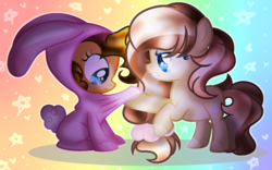 Size: 1390x870 | Tagged: safe, artist:macaroonburst, oc, oc only, oc:macaroon burst, oc:sweetie pie, earth pony, pony, animal costume, bunny costume, clothes, costume, female, filly, offspring, parent:cheese sandwich, parent:pinkie pie, parents:cheesepie