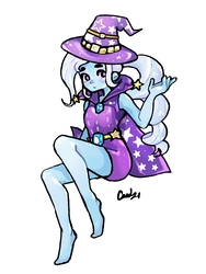 Size: 1000x1333 | Tagged: safe, artist:cardavia, trixie, equestria girls, g4, barefoot, cape, clothes, feet, female, hat, looking at you, simple background, solo, trixie's cape, trixie's hat, white background
