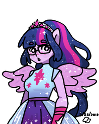 Size: 800x1000 | Tagged: safe, artist:cardavia, sci-twi, twilight sparkle, equestria girls, equestria girls specials, g4, my little pony equestria girls: better together, my little pony equestria girls: forgotten friendship, blushing, clothes, crown, dress, female, glasses, jewelry, looking at you, ponied up, regalia, sci-twilicorn, solo