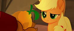 Size: 1920x804 | Tagged: safe, screencap, applejack, capper dapperpaws, abyssinian, earth pony, pony, anthro, g4, my little pony: the movie, anthro with ponies, confused, cowboy hat, female, fruit, hat, i'm the friend you need, klugetown, male, mare, raised eyebrow, suspicious