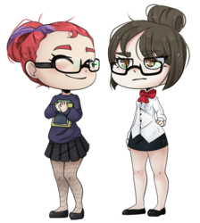 Size: 1314x1469 | Tagged: safe, artist:alexa1alexa, moondancer, raven, human, g4, book, bowtie, chibi, clothes, commission, cute, duo, female, fishnet stockings, giant head, glasses, hair bun, humanized, legs, librarian, office, pantyhose, pleated skirt, shoes, simple background, skirt, sweater, transparent background, working