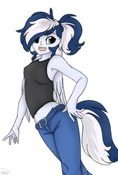 Size: 404x600 | Tagged: safe, artist:mariashek, oc, oc only, oc:maxi, pegasus, anthro, belt, clothes, female, jeans, mare, midriff, open mouth, pants, ponytail, simple background, solo, tank top, white background, wings