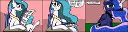 Size: 1201x302 | Tagged: safe, princess celestia, princess luna, pony, g4, chair, comic, garfield, meme, newspaper, now where could my pipe be, pipe, ponified, table