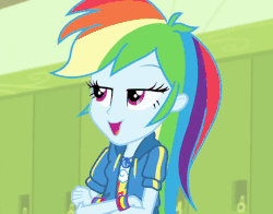 Size: 572x448 | Tagged: safe, screencap, rainbow dash, a queen of clubs, equestria girls, g4, my little pony equestria girls: better together, animated, eyeroll, female, geode of super speed, gif, lockers, magical geodes, solo