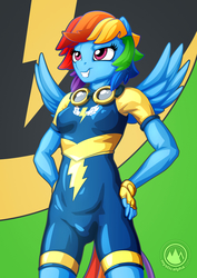 Size: 955x1351 | Tagged: safe, artist:mysticalpha, rainbow dash, pegasus, anthro, g4, clothes, female, goggles, mare, smiling, solo, uniform, wonderbolts uniform