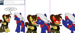 Size: 1808x800 | Tagged: safe, artist:dekomaru, oc, oc only, oc:danzo, oc:hattori, earth pony, pegasus, pony, tumblr:ask twixie, ask, blushing, blushing profusely, comic, female, kissing, male, mare, stallion, tumblr