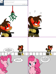 Size: 1204x1604 | Tagged: safe, artist:dekomaru, pinkie pie, oc, oc:hattori, earth pony, pegasus, pony, tumblr:ask twixie, g4, ask, blushing, blushing profusely, comic, female, mare, mistletoe, question mark, tumblr