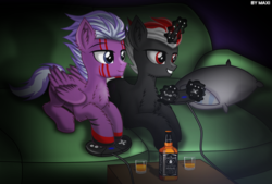 Size: 2218x1498 | Tagged: safe, artist:maxiclouds, oc, oc only, pegasus, pony, unicorn, alcohol, controller, couch, dark room, duo, gamer, glass, magic, male, pillow, sega, smiling, stallion, whiskey