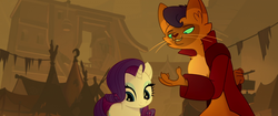 Size: 1920x804 | Tagged: safe, screencap, capper dapperpaws, rarity, abyssinian, pony, unicorn, anthro, g4, my little pony: the movie, anthro with ponies, bedroom eyes, chest fluff, duo, i'm the friend you need, klugetown, lidded eyes, sexy, stupid sexy capper
