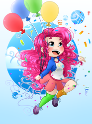 Size: 1700x2300 | Tagged: safe, artist:emeriwatson, pinkie pie, human, g4, balloon, chibi, clothes, cute, diapinkes, female, happy, humanized, pleated skirt, shoes, skirt, socks, solo, thigh highs