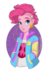 Size: 900x1300 | Tagged: safe, artist:0-alessandrx-0, pinkie pie, equestria girls, g4, blushing, clothes, cute, diapinkes, ear piercing, earring, female, hand in pocket, heart, jacket, jewelry, mohawk, piercing, punkie pie, simple background, solo, transparent background