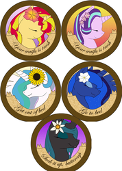Size: 768x1080 | Tagged: safe, artist:rainbow-smashed, princess celestia, princess luna, queen chrysalis, starlight glimmer, sunset shimmer, g4, contrast, flower, flower in hair, lol, simple background, white background, your waifu is trash